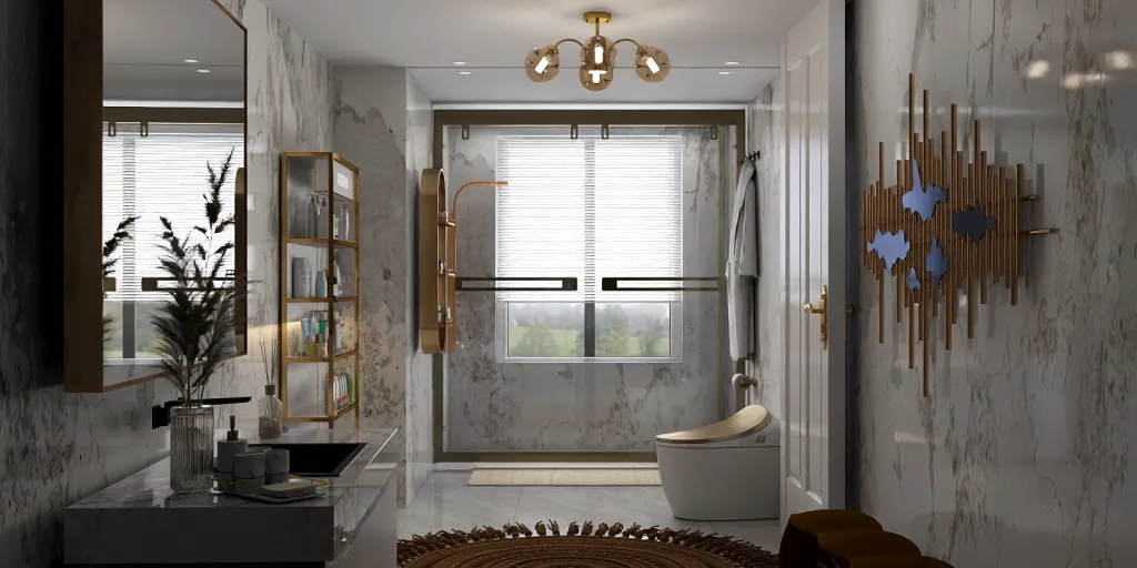 a bathroom with a large window and a large mirror 