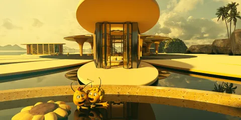cartoon bees interacting near a flower in a futuristic architectural space featuring a yellow and glass design, showcasing innovative interior decor; utilizing Homestyler's real-time 3D rendering feature.