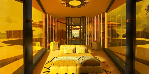 modern bedroom design featuring a vibrant yellow color scheme with panoramic windows, showcasing immersive 3D rendering capabilities for stunning interior decor visualization using Homestyler.