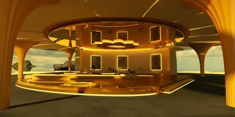 modern interior design showcasing a spacious lounge with golden accents and contemporary furnishings, utilizing Homestyler's real-time 3D rendering feature for a vivid design proposal.