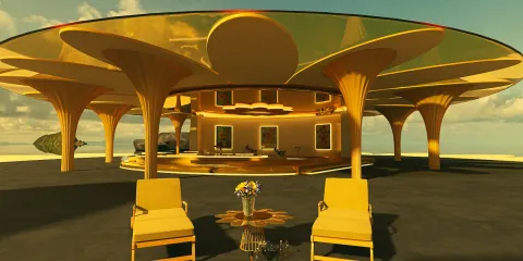 modern outdoor lounge area featuring stylish chairs and a unique tree-like ceiling design, showcasing an organic style, providing a relaxing space for social gatherings while utilizing Homestyler's real-time 3D rendering feature.