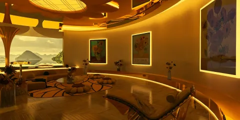futuristic lounge area featuring ambient lighting and curved walls with artwork display, creating a warm and inviting atmosphere, using Homestyler's real-time 3D rendering for design previews.