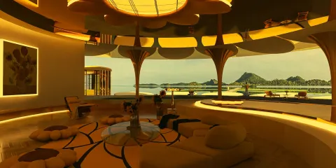 modern lounge area featuring yellow color scheme with large windows showcasing scenic views, designed with Homestyler's real-time 3D rendering feature for enhanced interior decor visualization