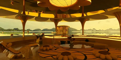 futuristic lounge area featuring comfortable seating and vibrant yellow decor, showcasing modern interior design elements with a focus on open space and panoramic views, utilizing Homestyler's real-time 3D rendering functionality.