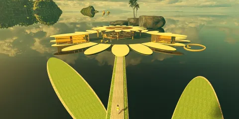 3D model of a flower-shaped design with seating areas and pathways creating a unique outdoor space, showcasing innovative architectural elements; featuring Homestyler's real-time 3D rendering for rapid design visualization.