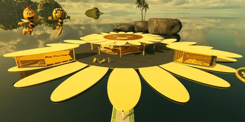 colorful flower-shaped resort design featuring playful animated characters, showcasing a whimsical tropical style, ideal for vacation home inspirations with Homestyler's immersive 3D rendering feature.