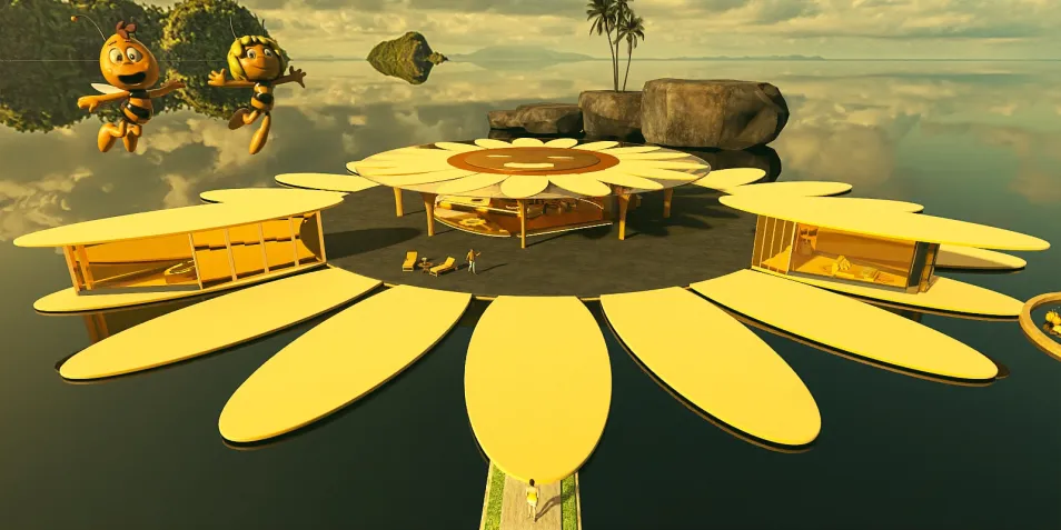colorful flower-shaped resort design featuring playful animated characters, showcasing a whimsical tropical style, ideal for vacation home inspirations with Homestyler's immersive 3D rendering feature.