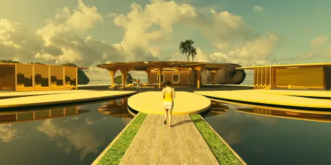 a person walking towards a modern architectural structure surrounded by water, showcasing a unique design style with vibrant colors, highlighting outdoor living spaces, utilizing Homestyler's real-time 3D rendering feature for design proposals.