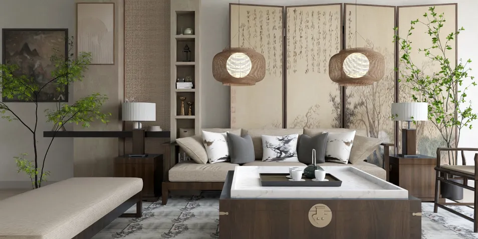 Japanese style living room with minimalist furniture arrangement and natural elements, showcasing a serene atmosphere for interior design inspiration, powered by Homestyler's real-time 3D rendering feature.