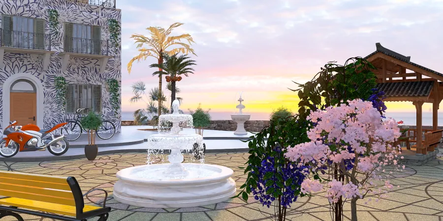 a table with flowers and a fountain in front of a building 