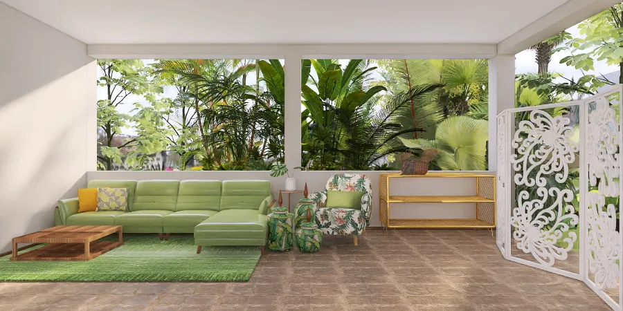 a green patio with a green couch and a green chair 