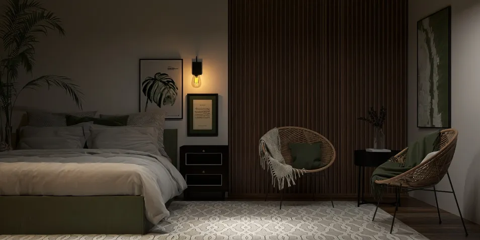 cozy bedroom arrangement featuring a comfortable bed and stylish armchairs in a modern design style, showcasing interior decor elements; includes Homestyler's real-time 3D rendering feature for quick design previews.