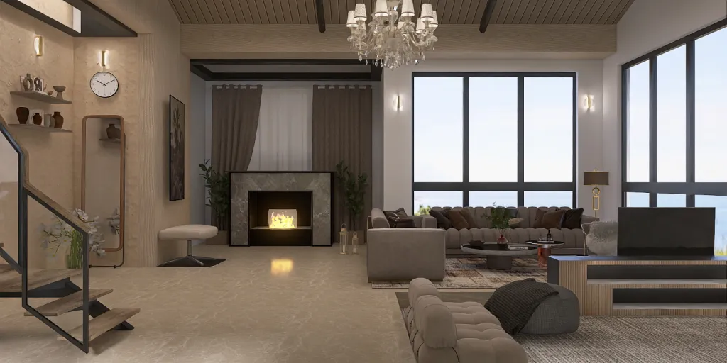 a living room with a fireplace and a large window 