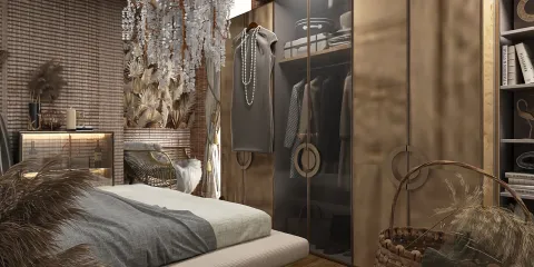 Stylish wardrobe design featuring earthy tones and natural textures, enhancing the intimate atmosphere of a cozy bedroom with a bohemian aesthetic, utilizing Homestyler's real-time 3D rendering for an immersive design preview.