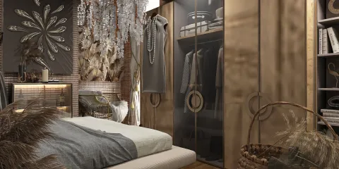 modern bedroom design featuring a stylish wardrobe with transparent doors and decorative elements, showcasing interior decor using Homestyler's real-time 3D rendering feature for an immersive design preview.