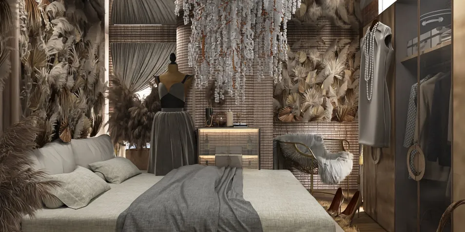 Cozy bedroom with a stunning chandelier featuring natural decor, showcasing a bohemian design style and optimizing space for relaxation with Homestyler's real-time 3D rendering feature.