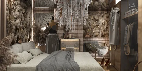 cozy bedroom with a luxurious chandelier and textured wall design featuring dried plants, incorporating smart furniture arrangement for interior decor optimization, showcasing Homestyler's real-time 3D rendering feature.