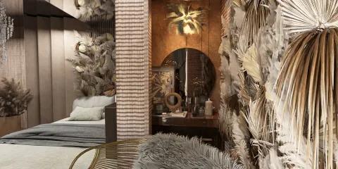 bedroom design featuring boho-style decor with dried plants, artistic lighting, and textured surfaces, optimizing small space using Homestyler's real-time 3D rendering feature.
