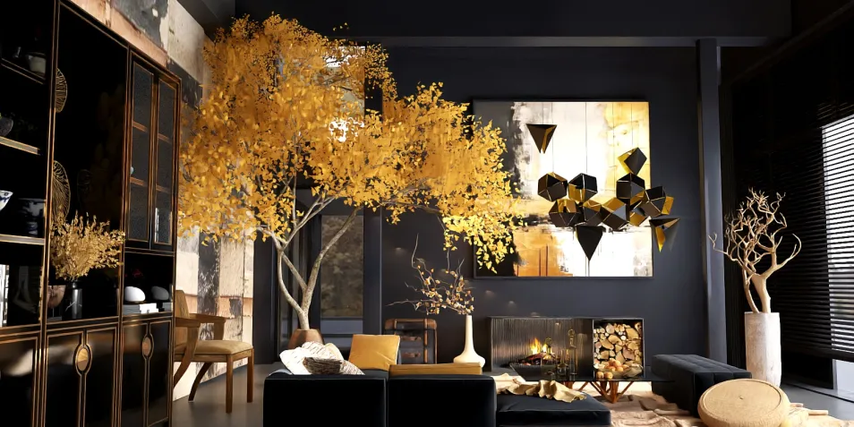modern living room design featuring a striking golden tree and abstract wall art, showcasing a luxurious and contemporary style with a focus on interior decor; highlighting Homestyler's real-time 3D rendering feature for an immersive design preview.