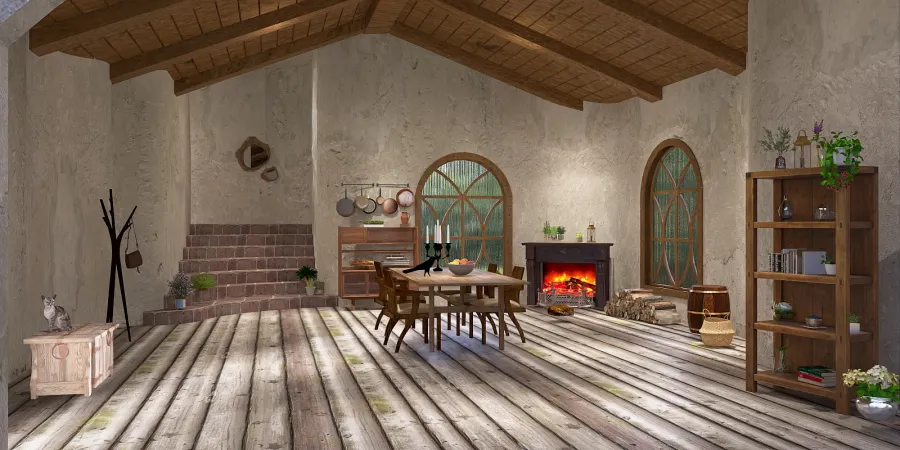 a living room with a wooden floor and a fireplace 