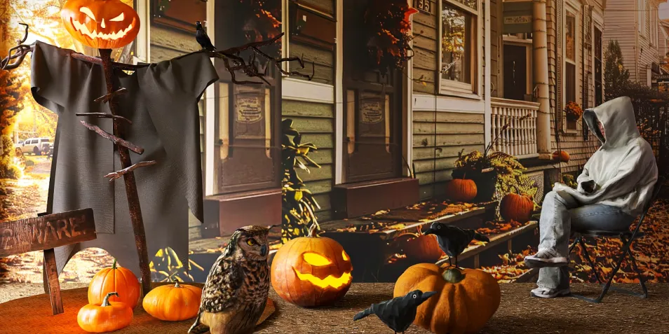 Halloween-themed outdoor setup featuring a scarecrow and jack-o'-lanterns enhancing a cozy fall atmosphere; designed with Homestyler's 3D rendering capabilities for a lively seasonal decor.