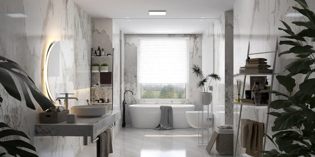 a bathroom with a tub, sink, and window 