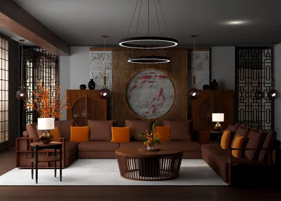 Brown and Orange Living Room  Design Rendering