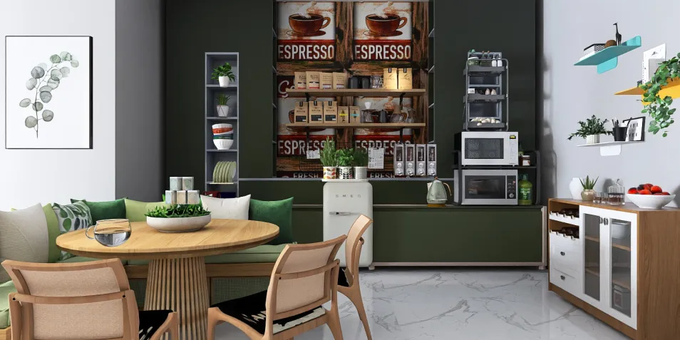 modern kitchen interior with espresso-themed decor and smart furniture arrangement showcasing Homestyler's real-time 3D rendering feature.
