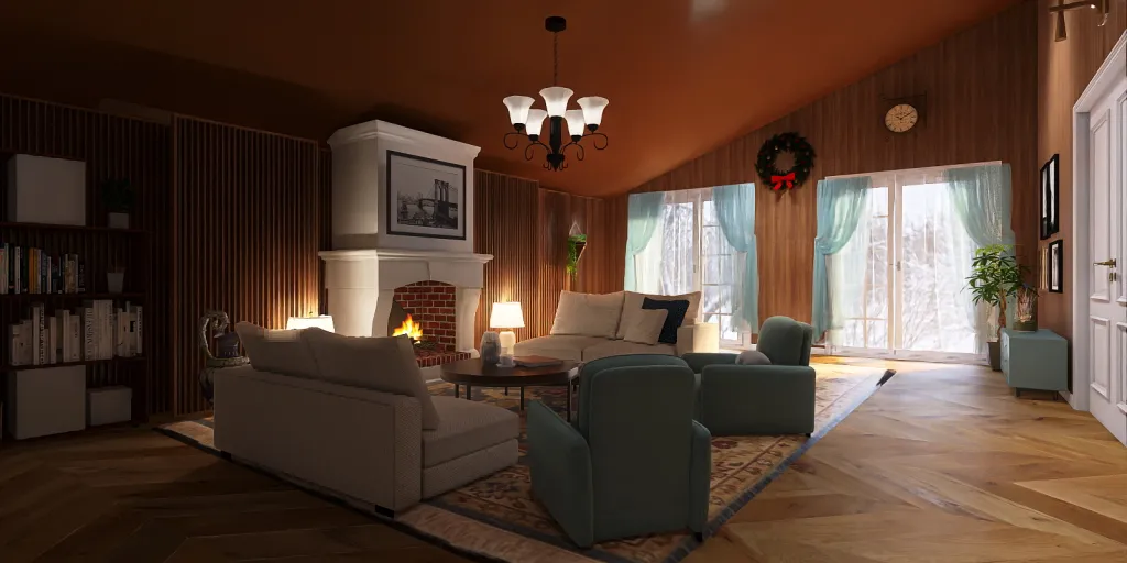 a living room with a couch, chair, and fireplace 