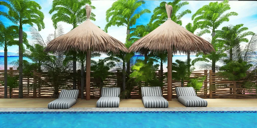 a beach with a pool and chairs and a blue umbrella 