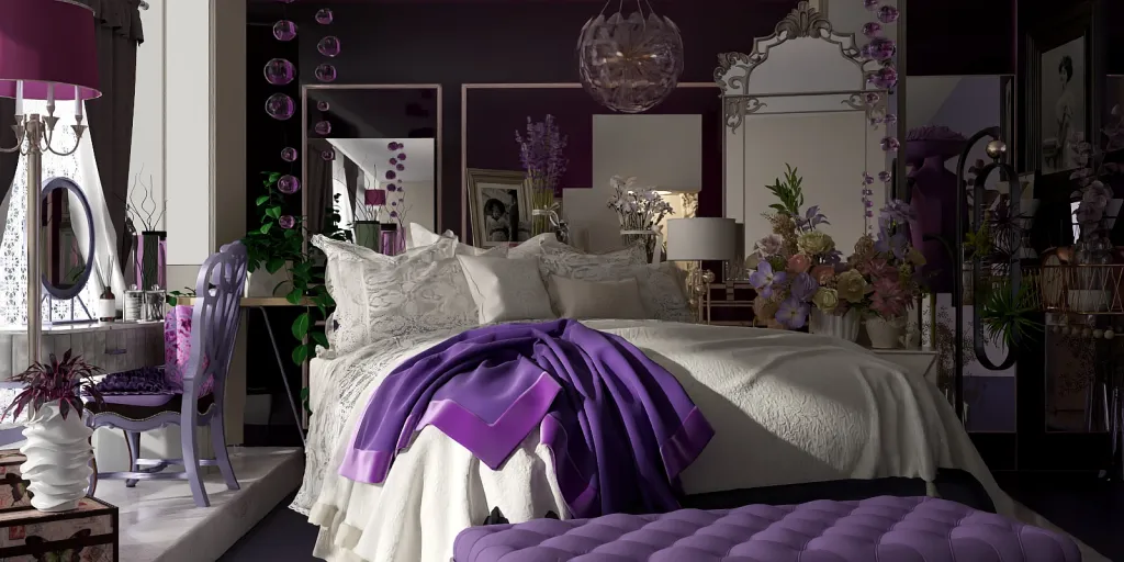 a bed with a purple pillow and a white pillow case 