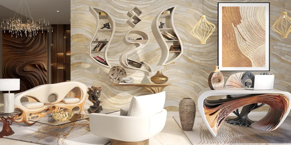 modern living room design featuring abstract wall art and sculptures, showcasing a stylish interior decor with optimized furniture arrangement using Homestyler's real-time 3D rendering feature.