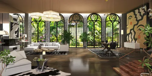 spacious living room featuring contemporary furniture arrangement with large windows inviting natural light and a touch of greenery, designed using Homestyler's real-time 3D rendering feature for an immersive interior decor experience.