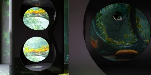 modern interior design with unique circular window frames showcasing a green landscape, creating a calming atmosphere, enhanced by Homestyler's real-time 3D rendering feature