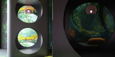 3D interior design showcasing circular windows with nature views, creating a harmonious atmosphere in a modern space, utilizing Homestyler's real-time 3D rendering feature for quick design previews.