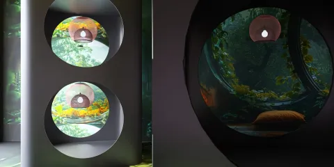 modern interior with circular windows showcasing lush greenery and floral design elements, enhancing the open space value, utilizing Homestyler's advanced 3D rendering capabilities.