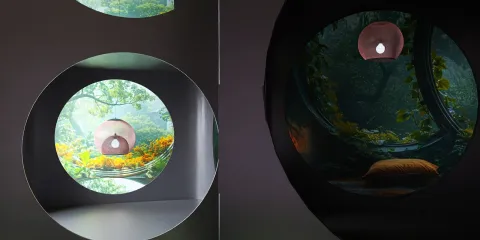 circular window showcasing an indoor garden view with a pendant light, blending nature and interior design style, enhancing the space value with a cozy atmosphere, utilizing Homestyler's real-time 3D rendering feature.