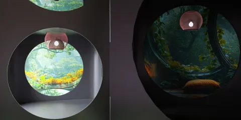 Round windows showcasing a serene outdoor forest view and modern lighting design, emphasizing interior aesthetics with a focus on nature integration, utilizing Homestyler's 3D rendering feature for realistic visualization.