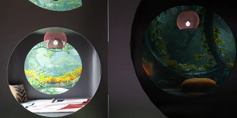 Circular windows showcasing a serene forest view with a cozy seating area, enhancing the interior's natural ambiance; incorporates Homestyler's real-time 3D rendering for immersive design visualization.