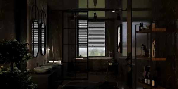 modern bathroom design featuring a sleek bathtub and elegant mirrors, showcasing a luxurious interior decor style, utilizing Homestyler's real-time 3D rendering function for a realistic preview.