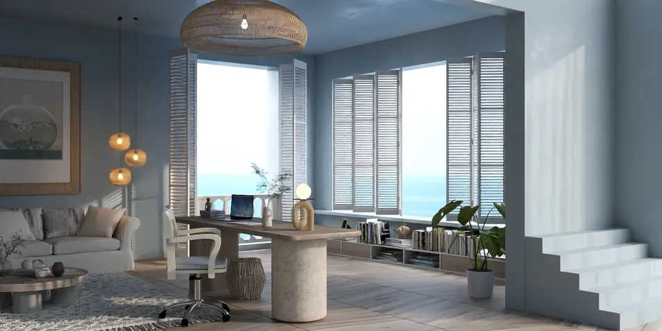 modern living room featuring a stylish office setup with a large window view; contemporary interior design with a focus on natural light and minimalistic decor; utilizes Homestyler's real-time 3D rendering feature for design visualization.