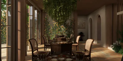 dining area with a beautifully designed round table featuring elegant chairs and surrounded by lush greenery, showcasing a rustic style, ideal for modern interior decor, utilizing Homestyler's real-time 3D rendering for quick design visualization.