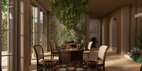 dining area with a round table and chairs surrounded by hanging greenery, designed in a rustic style, showcasing an indoor garden environment; features Homestyler's real-time 3D rendering for design presentation.