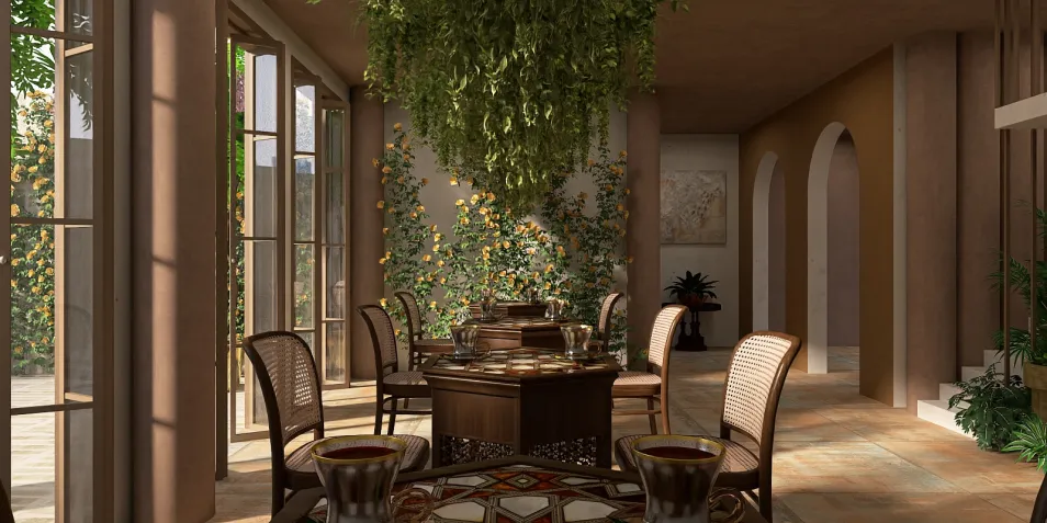 dining area with a round table and chairs surrounded by hanging greenery, designed in a rustic style, showcasing an indoor garden environment; features Homestyler's real-time 3D rendering for design presentation.
