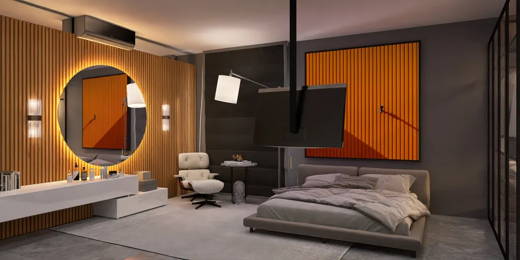 a bedroom with a large bed and a television 