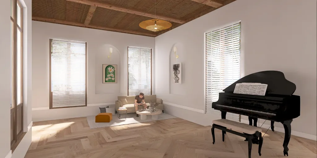 a room with a piano and a large window 