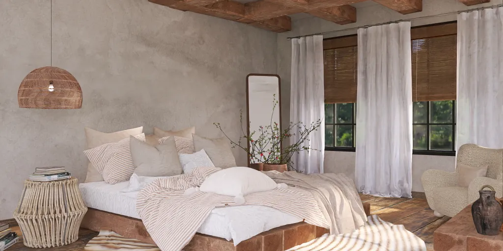 a bed room with a white bedspread and a white wall 