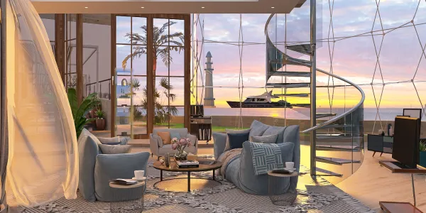 modern living room with spiral staircase featuring sunset views, showcasing 3D interior design ideas using Homestyler's real-time 3D rendering feature for quick visualization.