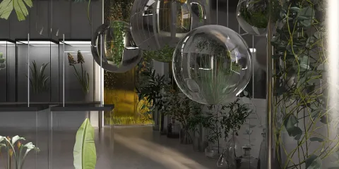 Interior design showcasing a modern botanical display with hanging glass spheres, creating a serene atmosphere in a contemporary space, featuring Homestyler's real-time 3D rendering for quick design previews.