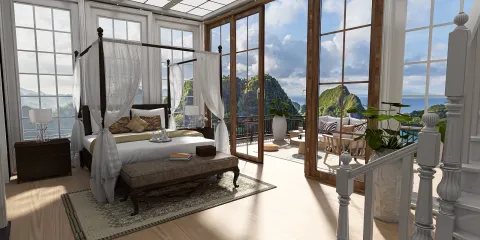 bedroom view with a four-poster bed showcasing an ocean landscape design in a coastal style, enhancing the space's value with Homestyler's real-time 3D rendering feature.